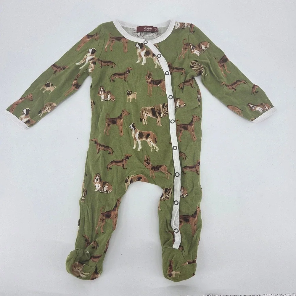 Milkbarn Baby Dog Print Bamboo Footed Sleeper Green Snaps 6-9 Months
